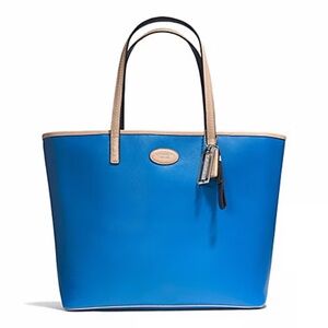 Coach Metro leather tote bag shopper blue tan XL neverfull style preppy elegant